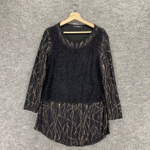 La Mode Top Women XL Black Tunic Party Beaded Embellished Long Sleeve Crew Neck - Picture 2 of 10